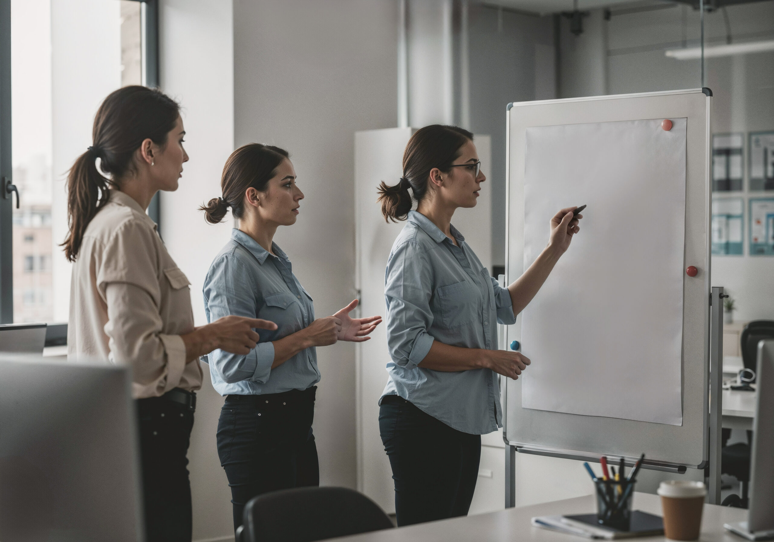 businesswomen discussing project office